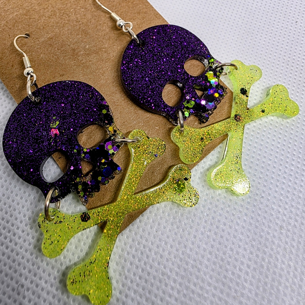 Purple and Yellow Skull Crossbone Earrings